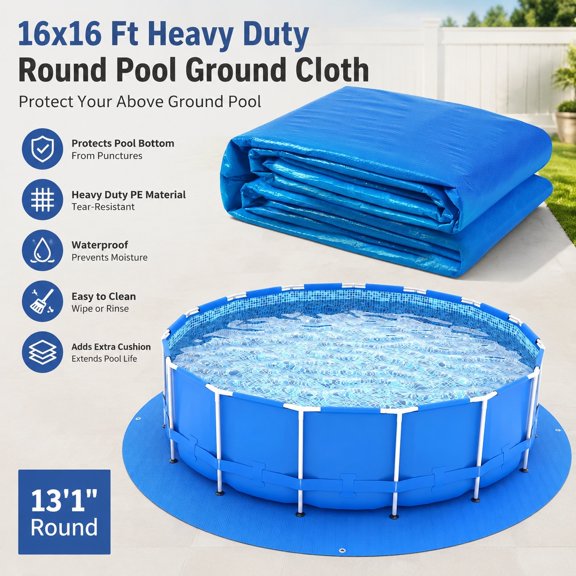 16x16 Ft Heavy Duty Round Swimming Pool Ground Cloth Tarp for Above Ground Pools, Protective Mat to Prevent Punctures and Damage