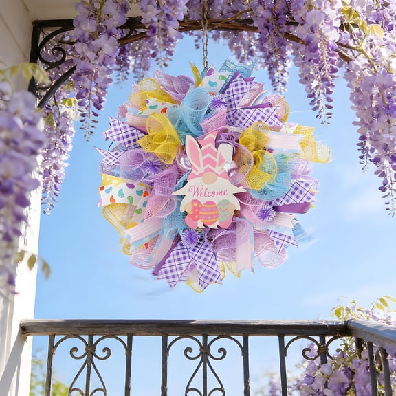 16x16 Inch Easter Dwarf Bunny Mesh Wreath Multicolor Plastic Door Hanger Front Door Wall Hanging Decoration with Scene Arrangement for Spring Easter Festival Home Decor Easter Party Supplies