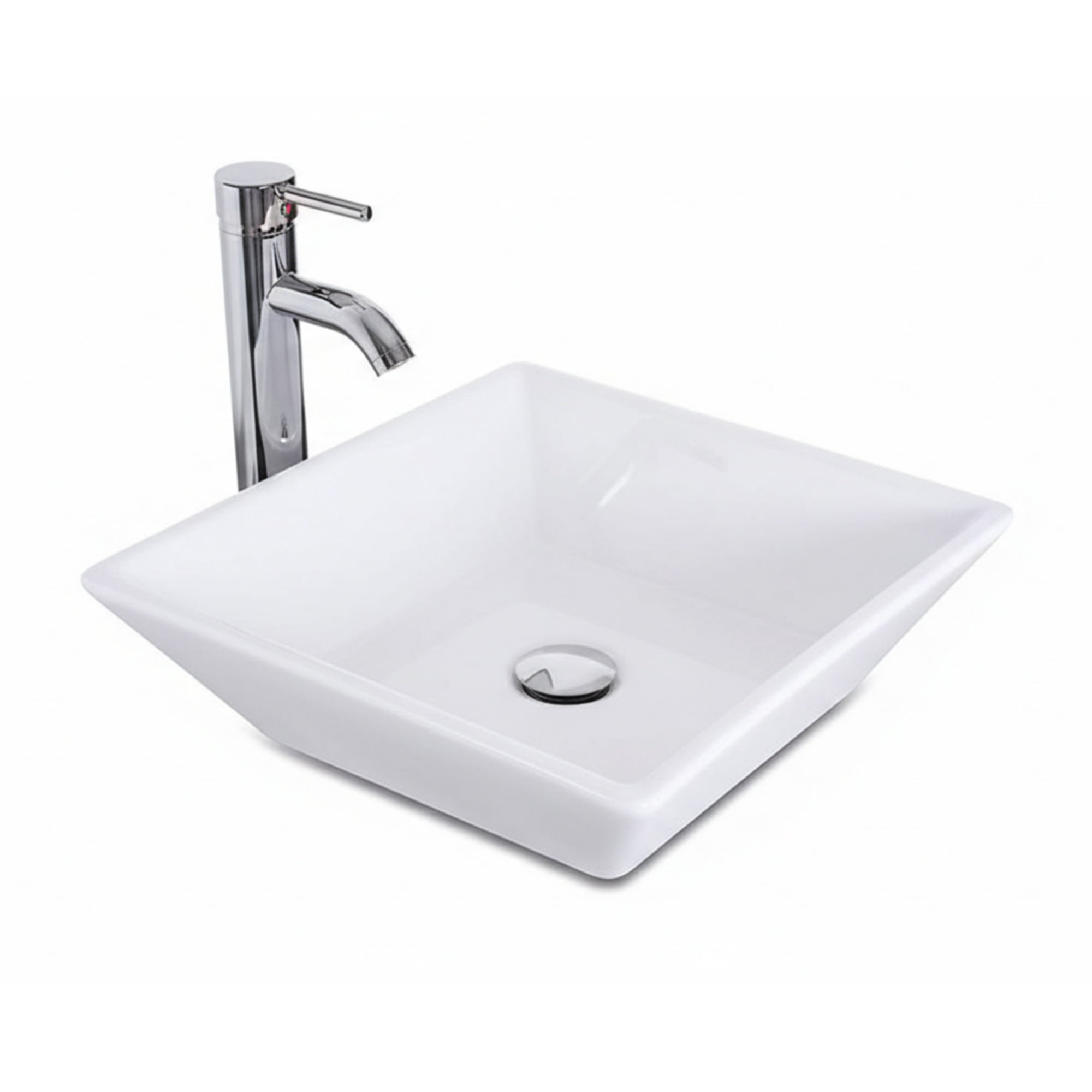 16x16 Inch Square Ceramic Vessel Sink with Faucet and Pop-Up Drain, White Porcelain Bathroom Vanity Sink and Countertop Basin Set