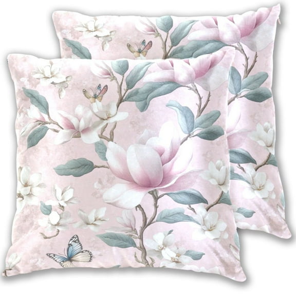 16x16 Inch Throw Pillow Covers 2-Pack - Cotton Velvet Double-Sided Print, Hidden Zipper, Machine Washable - Decorative Sofa Cushion Covers for All Seasons，Soft Pink Floral