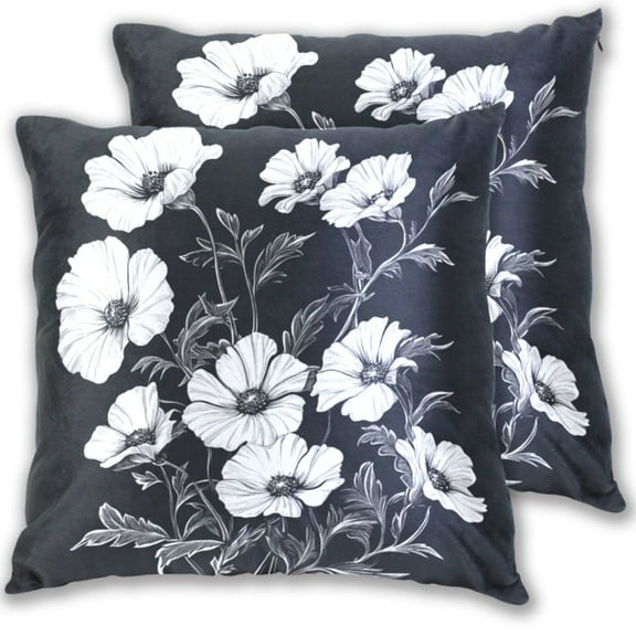 16x16 Inch Throw Pillow Covers 2-Pack - Cotton Velvet Double-Sided Print, Hidden Zipper, Machine Washable - Decorative Sofa Cushion Covers for All Seasons，White Flowers