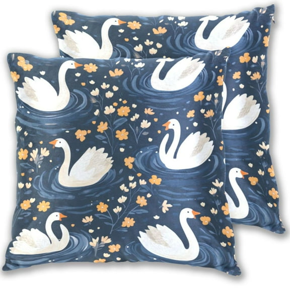 16x16 Inch Throw Pillow Covers 2-Pack - Cotton Velvet Double-Sided Print, Hidden Zipper, Machine Washable - Decorative Sofa Cushion Covers for All Seasons，White Swans and Flowers