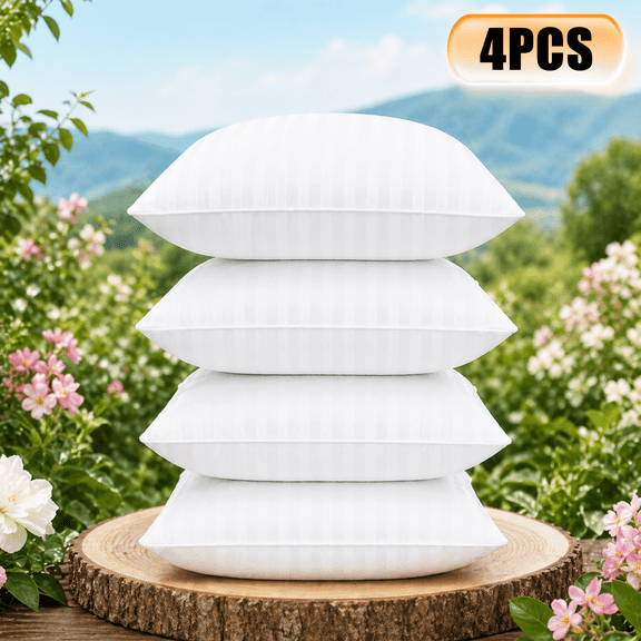 16x16 Inch Throw Pillow Inserts Pack of 4, Striped Brushed Decorative Pillow Forms with Invisible Zipper, Soft Fluffy Cushion Stuffing for Sofa Couch Bed Office Garden, White