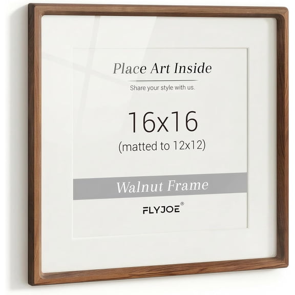 16x16 Natural Walnut Wood Picture Frame with Tempered Glass and 12x12 Mat, Rounded Corners, Horizontal or Vertical Mount Bestseling