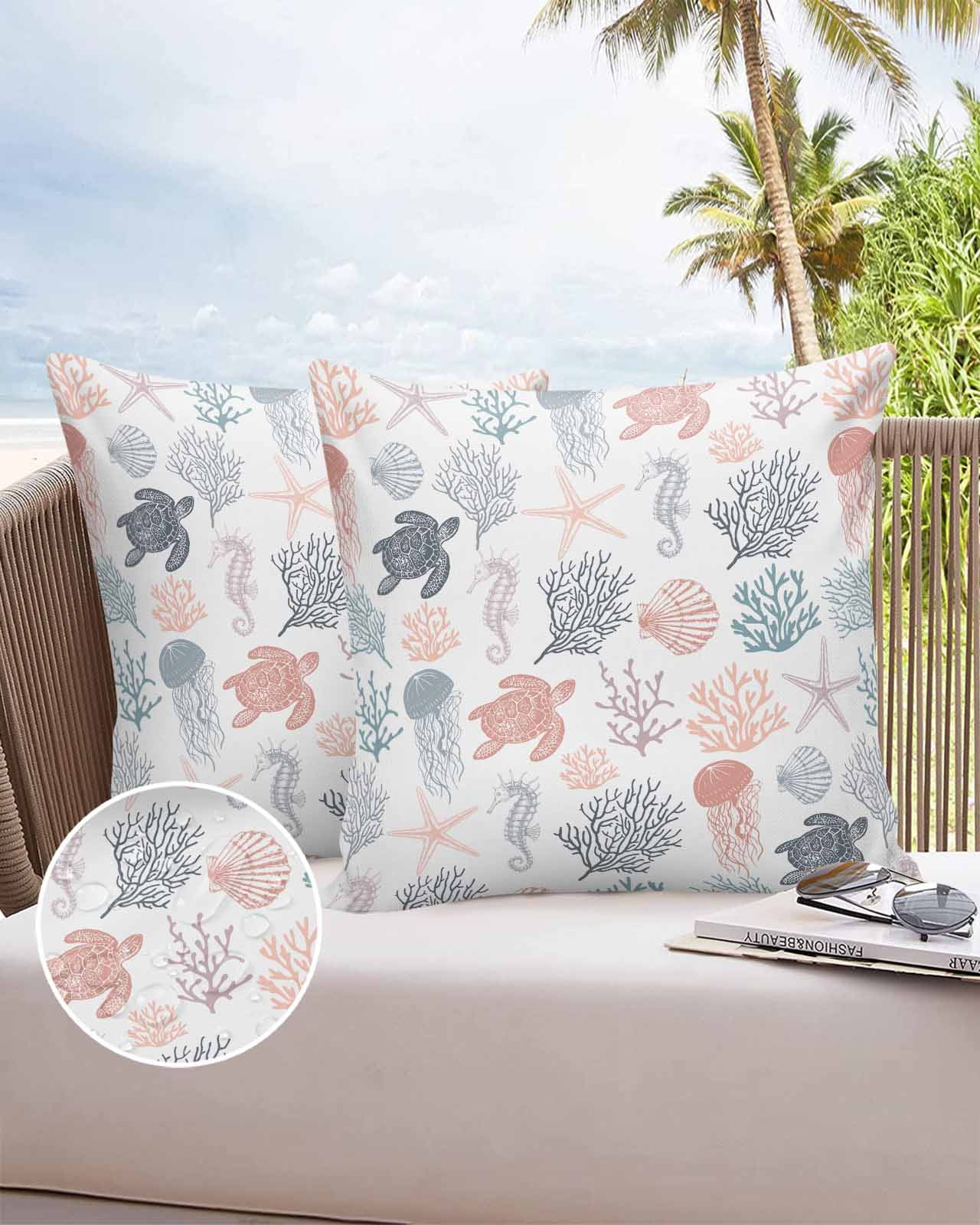 16x16 Outdoor Pillow Covers Set of 2 Starfish Jellyfish Coral Outdoor ...