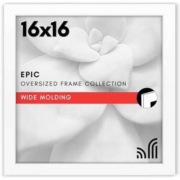16x16 Picture Frame with Polished Plexiglass - Epic Collection - Square Picture Frame with Engineered Wood - Wide Photo Frames for Wall display - White