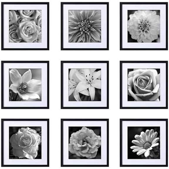 16x16 Picture Frames Set of 9 Classic Gallery Wall Frame Set, Displays 12x12 or 16x16 without Mat, Black Picture Frames Collage Wall Decor, Big Frames for Home Decor