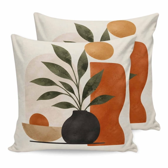 16x16 Pillow Covers Set of 2, Boho Leaves Throw Pillow Covers Decorative Couch Cushion Case, Middle Century Abstract Orange Beige Art Microfiber Square Pillowcases for Bedroom Car Living Room