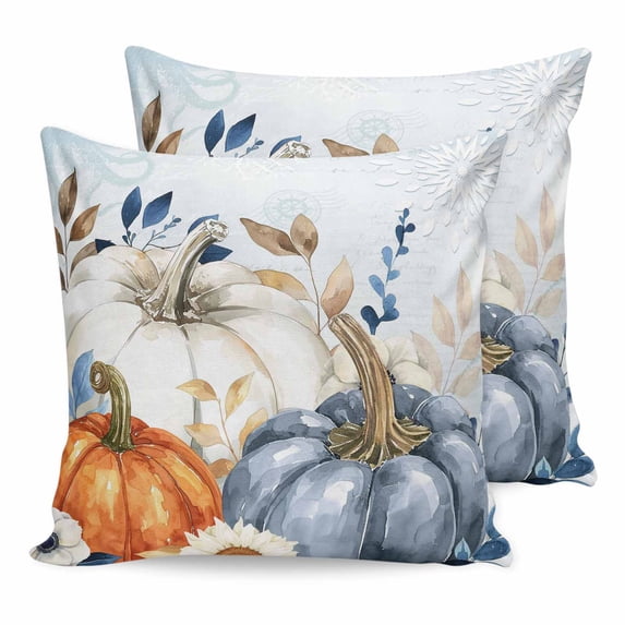 16x16 Pillow Covers Set of 2, Fall Blue Pumpkins Square Throw Pillow Covers for Couch/Sofa/Living Room, Thanksgiving Eucalyptus Leaves Autumn Decorative Soft Pillowcases for Couch Throw Pillows