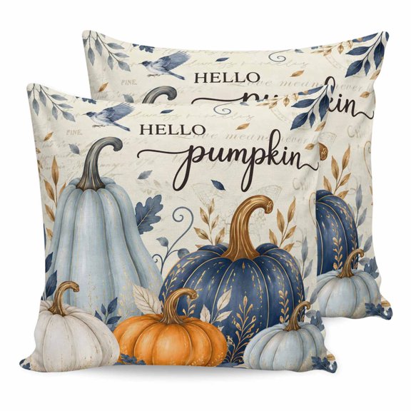 16x16 Pillow Covers Set of 2, Hello Pumpkin Fall Square Throw Pillow Covers for Couch/Sofa/Living Room, Orange Blue Thanksgiving Botanical Vintage Decorative Soft Pillowcases for Couch Throw Pillows