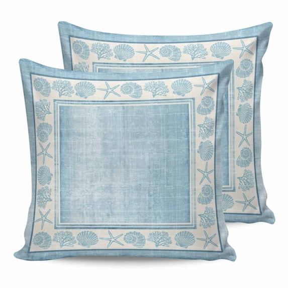 16x16 Pillow Covers Set of 2, Light Blue Beach Coastal Square Throw Pillow Covers for Couch/Sofa/Living Room, Summer Nautical Starfish Shell Coral Vintage Decorative Soft Pillowcases for Couch