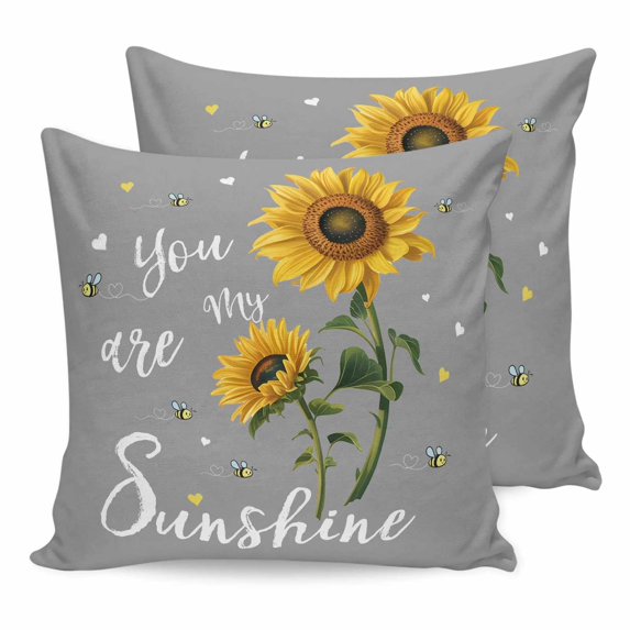 16x16 Pillow Covers Set of 2, Sunflowers Square Throw Pillow Covers for Couch/Sofa/Living Room, Spring Summer Bees Yellow Floral Grey Decorative Soft Pillowcases for Couch Throw Pillows