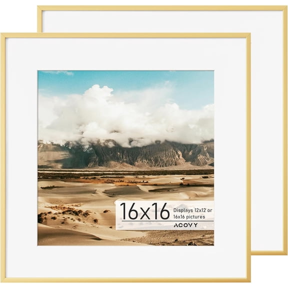 16x16 Square Picture Frame, 16x16 Frame Matted to 12x12, Metal 16 x 16 Photo Frame for Wall Display,High Definition Tempered Glass, Wall Hook Included (Gold, Pack of 2)