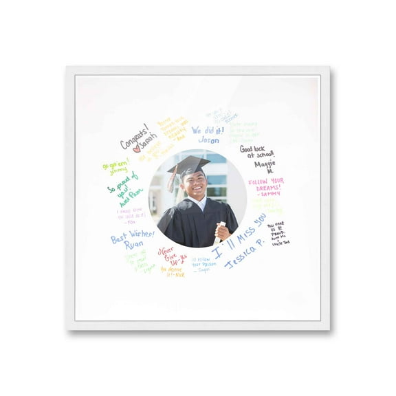 16x16 White Autograph & Signature Frame with White Circle Photo Mat for 5x5 Picture - Includes