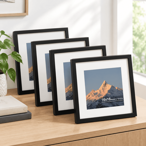 16x16 in Black Wood Picture Frame, Set of 4, Wall Mount for Home Decor ...