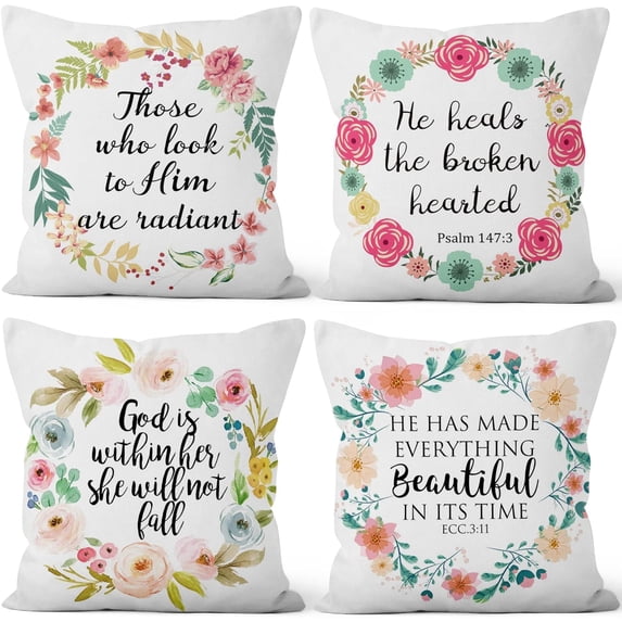 16x16 inches 4pcs Bible Verse Quotes Linen Pillow Covers God is Within Her She Will Not Fall Colorful Floral Wreath Christian Square Throw Pillow Case Sofa Farmhouse Office Car Decoration
