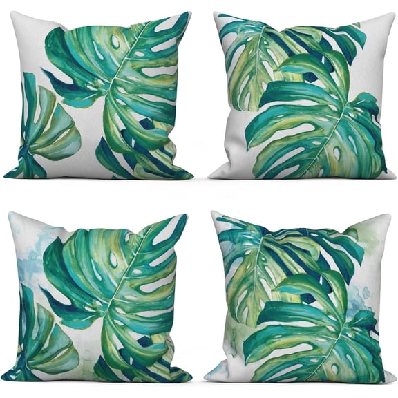 16x16 inches 4pcs Green Palm Linen Pillow Covers Tropical Jungle Leaves Square Throw Pillow Case Home Decorative for Sofa Bedroom Office Car Living Room