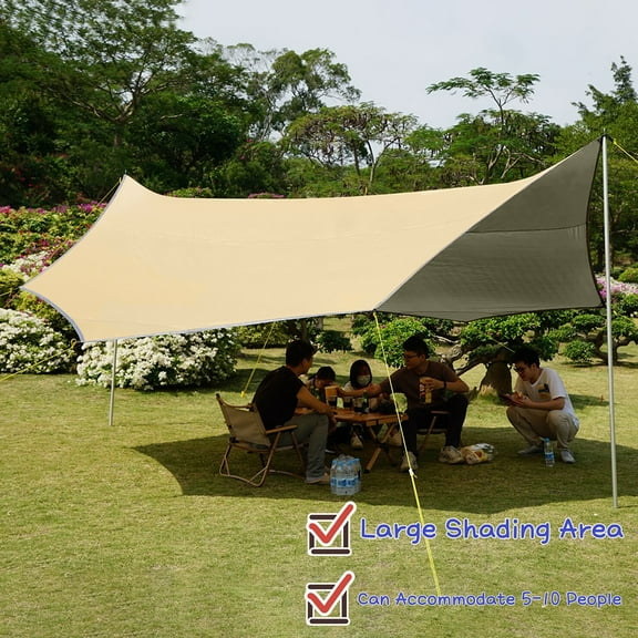 16x16ft Large Camping Tarp Waterproof Shade  Awning Tent Sunshade Khaki Camping Sun Shelters （Without Pole）