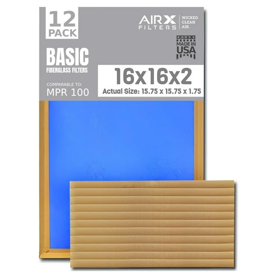 16x16x2 Air Filter Comparable to MPR 100 Basic Economy Furnace Filters, 12 Pack of Non Pleated Fiberglass Filter For Dust - Low Airflow Restriction! From WICKED CLEAN AIR.