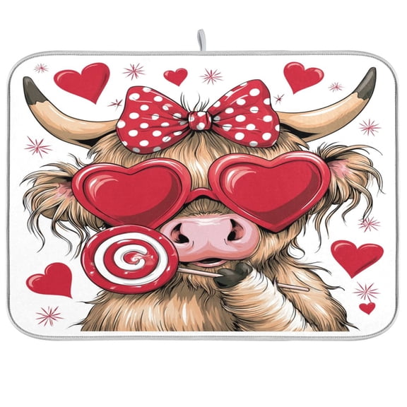 16x18Inch Dish Mat Absorbent Drying Dish Mat for Kitchen Multi-Functional Dish Drying Mats,Red Heart-cow Printed