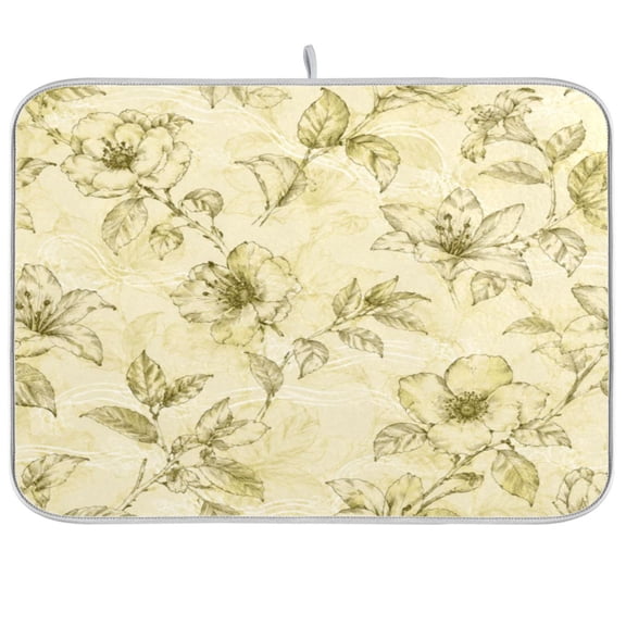 16x18inch Dish Drying Mats Absorbent Drying Mat for Kitchen with Hanging Loop, Beige Sketch Blooms Printed