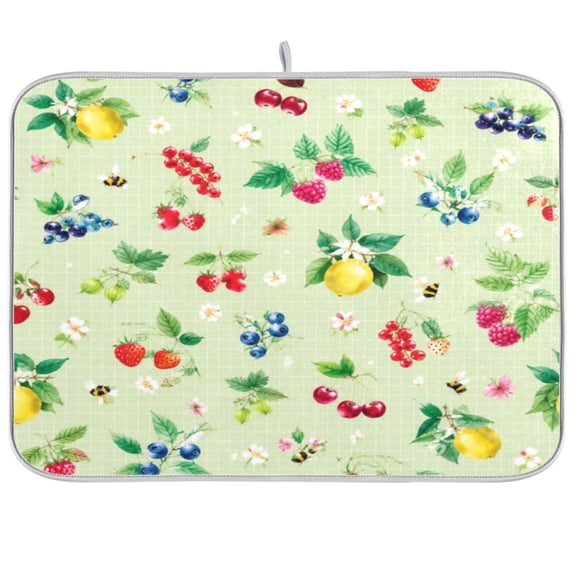 16x18inch Dish Drying Mats Absorbent Drying Mat for Kitchen with Hanging Loop, Green Gingham Berry Printed