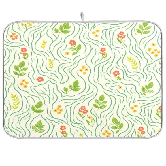 16x18inch Dish Drying Mats Absorbent Drying Mat for Kitchen with Hanging Loop, Green Wavy Foliage Printed