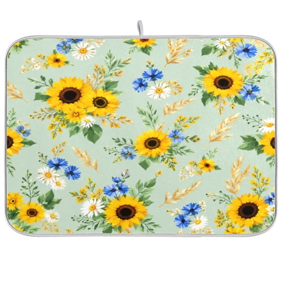16x18inch Dish Drying Mats Absorbent Drying Mat for Kitchen with Hanging Loop, Mint Sunflower Bouquet Printed