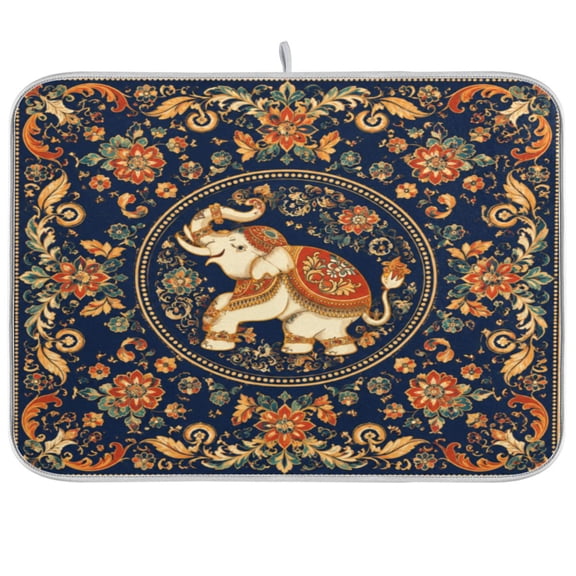16x18inch Dish Drying Mats Absorbent Drying Mat for Kitchen with Hanging Loop, Navy Ornate Elephant Printed