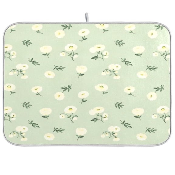 16x18inch Dish Drying Mats Absorbent Drying Mat for Kitchen with Hanging Loop, Sage White Poppy Printed