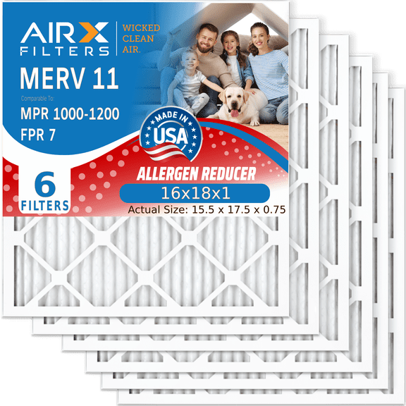 16x18x1 Air Filter MERV 11 Comparable to MPR 1000, MPR 1200 & FPR 7 Electrostatic Pleated Air Conditioner Filter 6 Pack HVAC Premium USA Made 16x18x1 Furnace Filters by AIRX FILTERS WICKED CLEAN AIR.