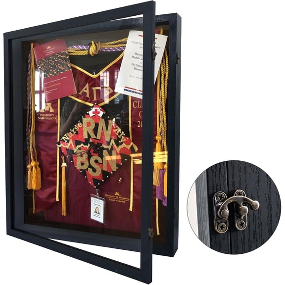 16x20 Graduation Shadow Box Frame, Large Graduation Frames with Glass Window, Metal Lock, Memory Box for Graduation Keepsake, Cap and Gown Black