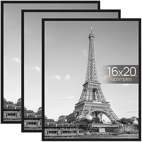 16x20 Picture Frame Black 3 Pack, Scratch-Proof Poster Frames 16 x 20 for Photo Gallery - Slide-In Strips, Horizontal or Vertical Wall Mounting