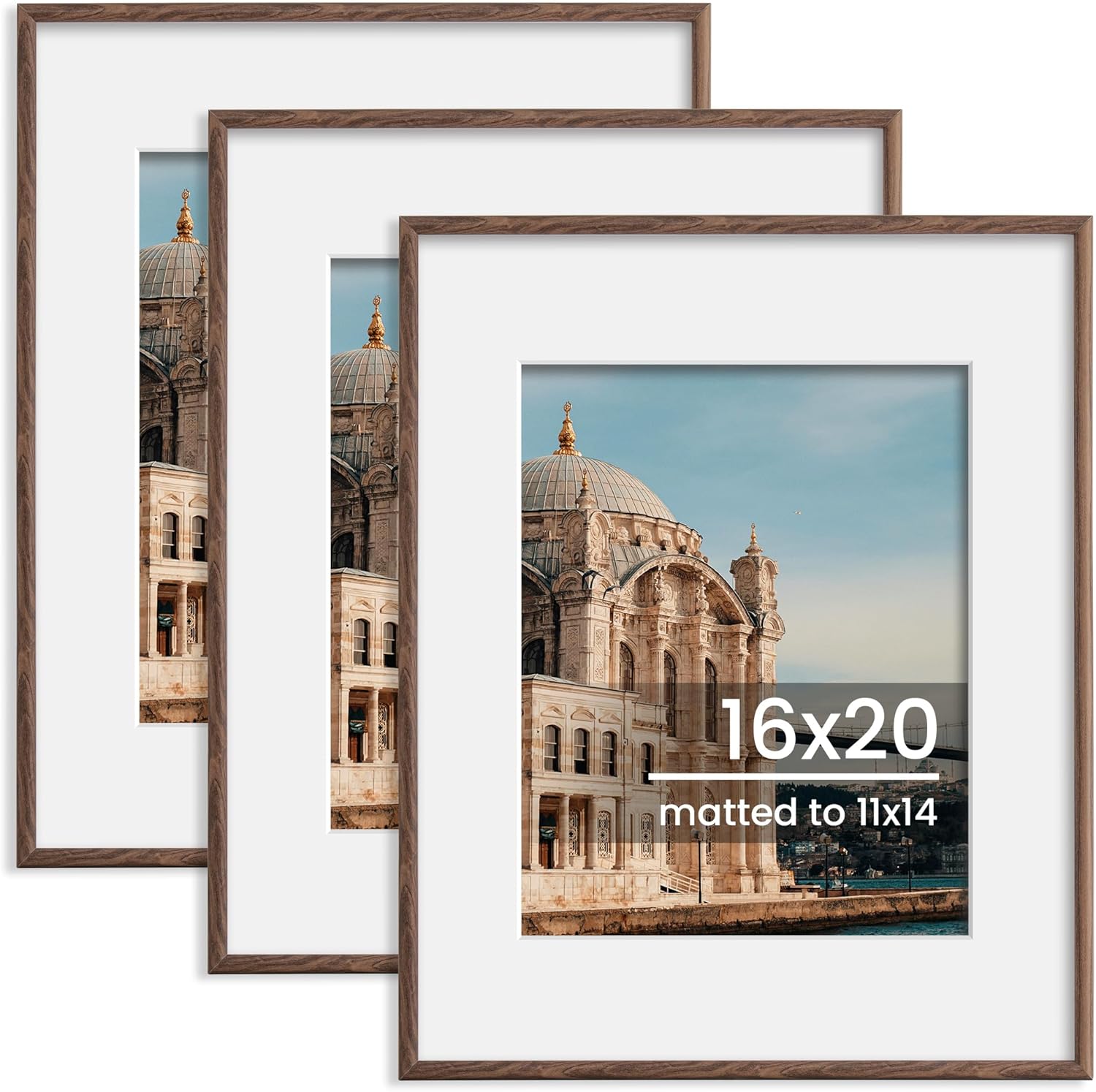 16x20 Picture Frame, Display Pictures 11x14 with Mat or 16x20 Without Mat, Wall Hanging Photo Frame, Walnut, 3 Pack