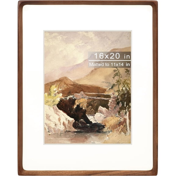 16x20 Picture Frame with Mat for 11x14, Natural Walnut Wood Handcrafted Rounded Corner with Plexiglass, Vertical or Horizontal Display Photo Gallery Poster Wall Mounting Frame