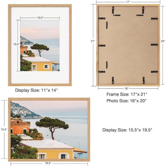 16x20 Picture Frame with Mat for 11x14, Solid Oak Wood Poster Frame with Tempered Glass for Home Decor, Wooden 16x20inch Photo Frame for Art Photo and Prints, Wall Hook Included