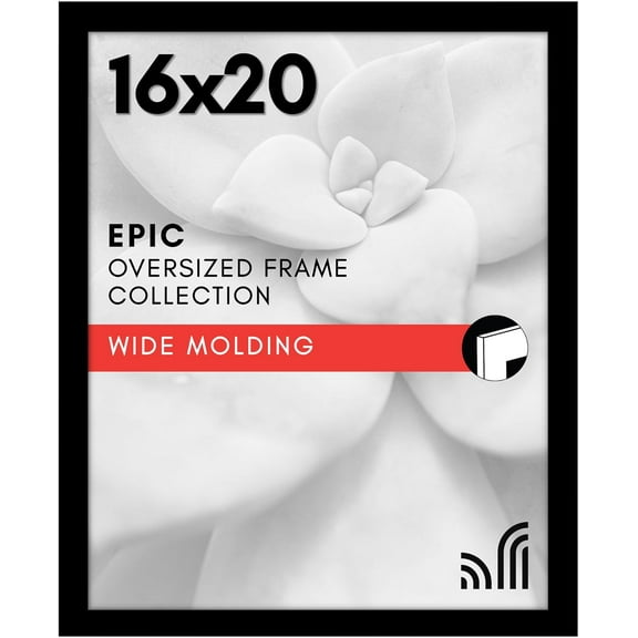 16x20 Picture Frame with Polished Plexiglass - Black Picture Frame - Wide Photo Frames Made of Engineered Wood for Vertical or Horizontal Wall Display - Epic Collection - Black
