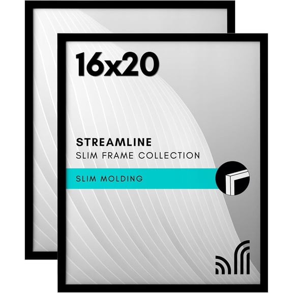 16x20 Picture Frame with Polished Plexiglass - Set of 2 - Streamline Collection - Thin Border Photo Frame for Wall Display - Hanging Hardware Included - Black