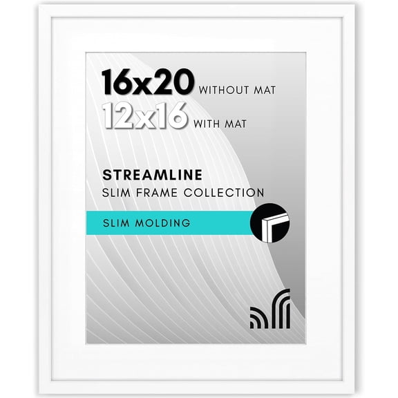 16x20 Picture Frame with Polished Plexiglass - Use as 12x16 Frame with Mat or Display 16x20 Photo Without Mat - Streamline Collection - Thin Border Picture Frames for Wall - White