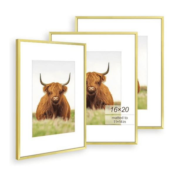 16x20 Picture Frame Set of 3, Gold Thin Border, Display Photo 11x14 with Mat or 16x20 Without Mat, Poster Frame for Wall Hanging Horizontal and Vertical