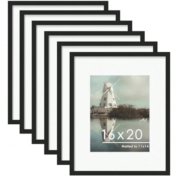 16x20 Picture Frame Set of 6 Display Pictures 11 x 14 with Mat or 16 x 20 without Mat for Wall Mounting Display Poster Frames Collage for Wall Decor Black.