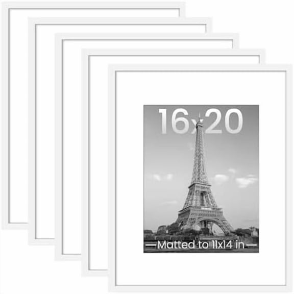 16x20 Picture Frame Set of 5, Display Pictures 11x14 with Mat or 16 x 20 Without, Wall Gallery Poster Frames, White
