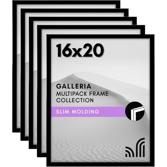16x20 Picture Frame with Polished Plexiglass - Set of 5 - Galleria Collection - Picture Frames for Wall Display - Black