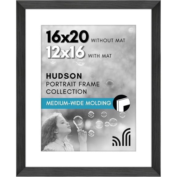 16x20 Picture Frame with Polished Plexiglass - Use as 12x16 Mat or Display Photo Without Hudson Collection Wide Frames for Wall Black