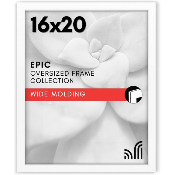 16x20 Poster Frame - White Engineered Wood with Polished Plexiglass - Wide Picture Frame for Vertical or Horizontal Wall Display - Epic Collection - White