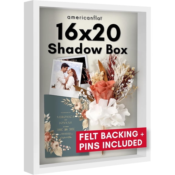 16x20 Shadow Box Frame with Polished Plexiglass - Silhouette Collection - Large Shadow Box Display Case for Tabletop and Wall Display - White with Soft Felt Back