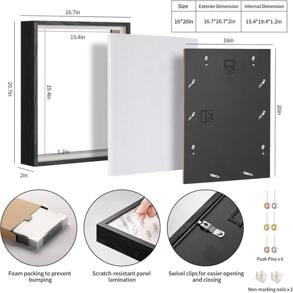 16x20 Shadow Box Picture Frame Display Case with Soft Linen Back-Thickened Panel,Large Black Deep Shadow Box Frame 16x20
