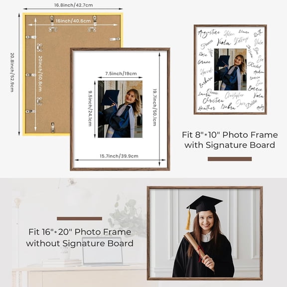 16x20 Signature Picture Frame with 8x10 White Mat – Wedding Guest Book Alternative, Wall Hanging Photo Frame for Graduation, Celebration, Autograph Display and Home Decor, Set of 3, Walnut