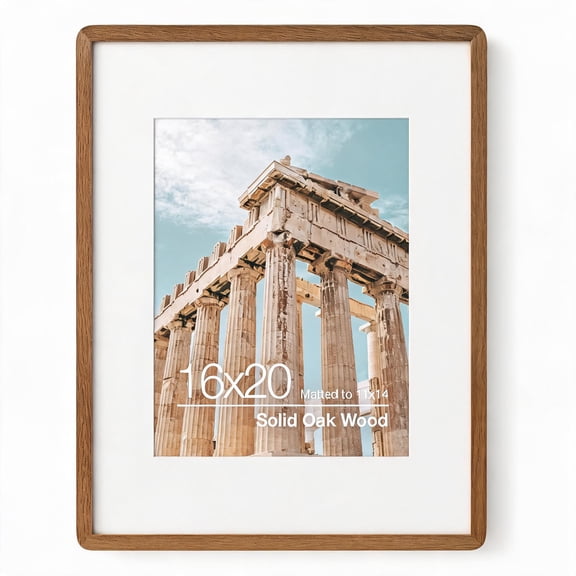 16x20 Solid Oak Wood Picture Frame with Mat for 11x14 Tempered Glass Hanging Hardware Walnut