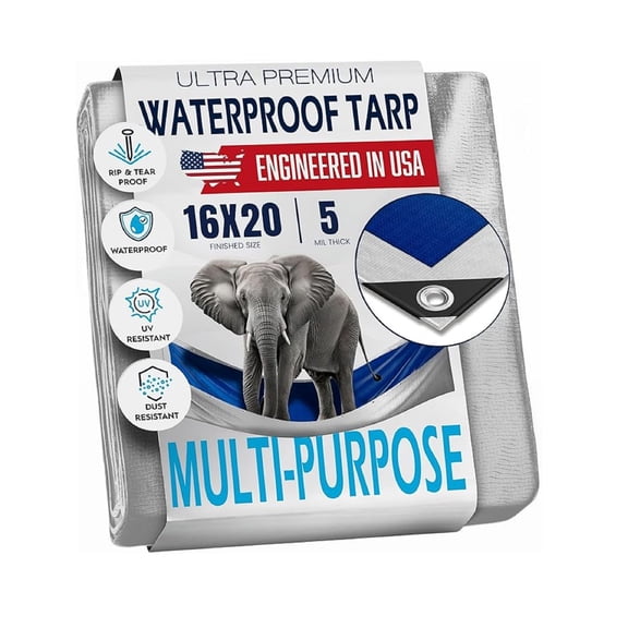 16x20 Tarp Waterproof, Large Tarp with Metal Grommets Every 18in, 5 Mil, Woven Plastic Poly Rain Cover, Outdoor Tarpaulin, Reversible Blue/Silver